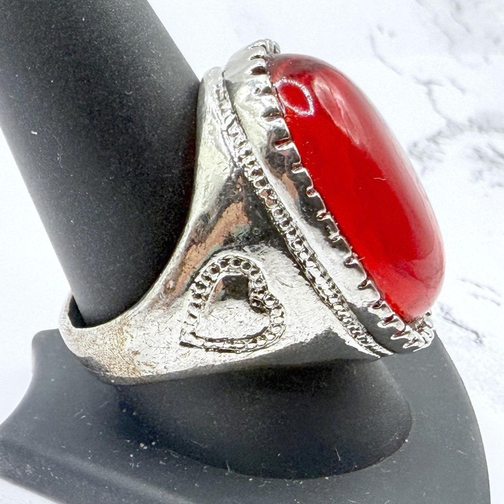 Red Cabochon Heart Ring Size 10.25 Silver Tone Vampirecore Gothic Statement Ring